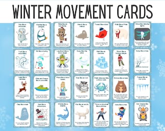 Winter Movement Cards, Printable Kids Action Flashcards for Indoor Activities