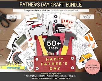 Könnte beinhalten: Ein Vatertags-Bastelpaket mit über 50 Seiten an druckbaren Aktivitäten, Ausmalbildern, Rätseln und Spielen. Das zentrale Bild zeigt eine rote Werkzeugkiste mit dem Text Happy Father's Day, umgeben von verschiedenen Aktivitätsblättern, darunter ein Labyrinth, ein Lastwagen und Werkzeuge. Das Paket enthält Textbeschriftungen wie No Prep Required, Just Print & Play und Instant Download.