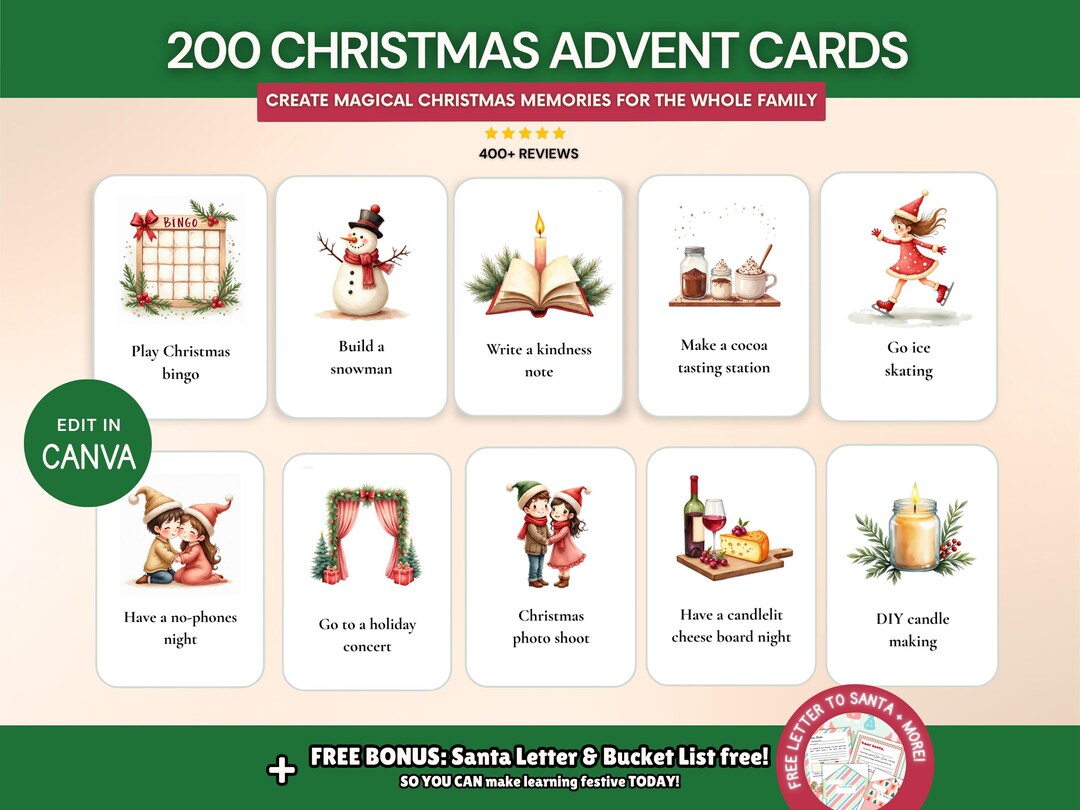 200 Editable Christmas Advent Activity Cards, Printable Activities for ...
