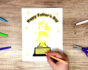 Fathers Day Handprint Trophy Craft, Printable DIY Gift for Dad, Kids Toddler Activity