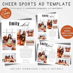 Cheer Yearbook Ad Template, Senior Cheerleader Photo Collage, Full, Half, & Quarter Page (CANVA Editable)