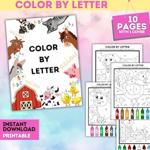 Pacote de atividades cor por letra, páginas para colorir de animais, atividades para colorir para crianças, encontrar e colorir a letra, aprendizagem do alfabeto ABC