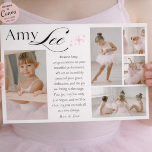 Puede incluir: Una tarjeta personalizada con el nombre "Amy Lee" en escritura elegante. La tarjeta presenta una foto de una niña pequeña con un atuendo de ballet, junto con otras fotos con temática de ballet. El texto de la tarjeta dice "Querida Amy, felicitaciones por tu hermosa actuación."