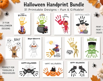 May include: A Halloween Handprint Bundle featuring 31 printable designs. The collection includes various illustrations such as ghosts, a witch, a mummy, Frankenstein, and cats, incorporating handprints into the artwork with Happy Halloween text.