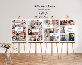 Op de afbeelding: Vier afdrukbare fotocollage-sjablonen voor Canva, elk met een ander thema: "Forever in Our Hearts", "Celebrating a Life Well Lived", "Never Forgotten" en "Always Remembered". Elk sjabloon wordt weergegeven op een houten ezel.