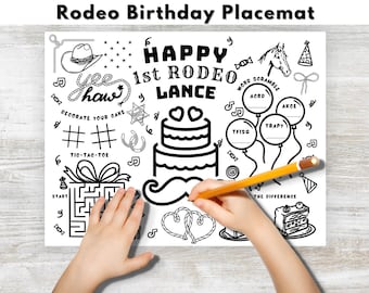 Benutzerdefinierte Rodeo Geburtstagsaktivität Tischset, bearbeitbare Cowboy Geburtstag Malvorlage mein erstes Rodeo Party Favor druckbare westliche Tischset