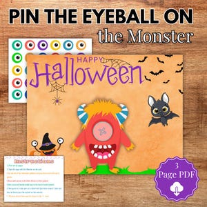 Halloween Party Game for Kids, Pin the Eyeball Monster Game, Printable Halloween Birthday Game, Halloween Activities, Spooky Halloween Games