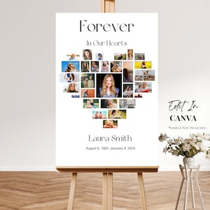 Funeral Heart Photo Collage Template, Funeral Welcome Sign, Memorial Photo Collage Poster, Forever in our Hearts, Memory Sign Edit in Canva