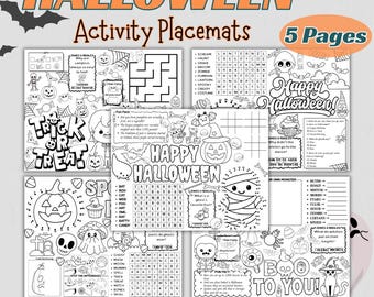 Placemats met Halloween-activiteiten voor kinderen – Kleuren, spelletjes en tafeldecoratie voor een feestje (PDF)