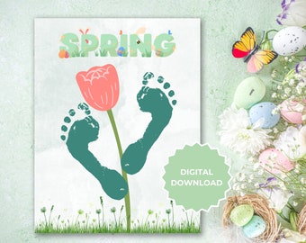 Spring Footprint Art Craft, Memory Baby Art Keepsakes, Preschool Daycare Kids Toddler Craft Activities, Spring Craft Printable, Hello Spring