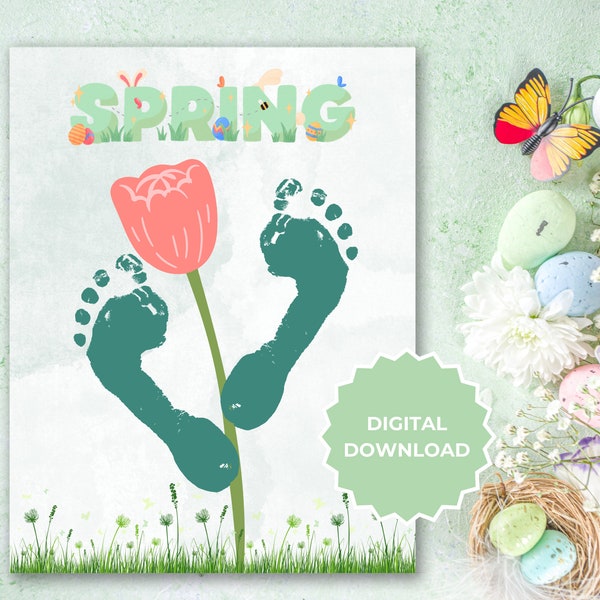 Spring Footprint Art Craft, Memory Baby Art Keepsakes, Preschool Daycare Kids Toddler Craft Activities, Spring Craft Printable, Hello Spring