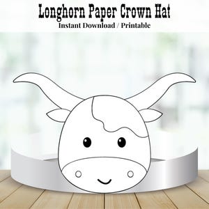 Longhorn Hat Paper Crown Craft, Cow Coloring Paper Crown Template, Wild West Costume, Animal Paper Crown Longhorn Cow Craft, Cow Party Favor