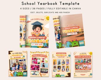 Plantilla de anuario de primaria, editable en Canva, regalo de graduación (descarga digital)