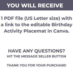 Puede incluir: Fondo blanco con texto: "YOU WILL RECEIVE" y detalles sobre un archivo PDF (tama&ntilde;o carta de EE. UU.) con un enlace a un mantel individual de actividades de cumplea&ntilde;os editable en Canva. Incluye "&iquest;TIENE ALGUNA PREGUNTA?" y "&iexcl;GRACIAS POR SU COMPRA!"