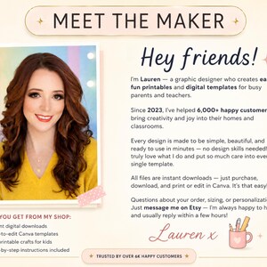 May include: A Meet the Maker graphic featuring a photograph of a person with long wavy auburn hair wearing a yellow sweater. The text introduces Lauren, a graphic designer of digital templates, and lists shop details including instant downloads.