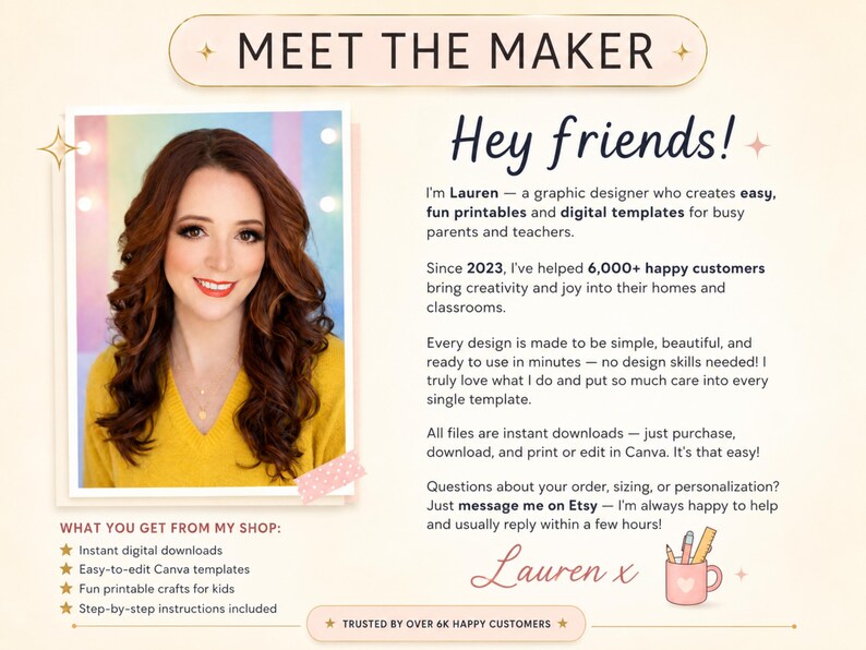May include: A Meet the Maker graphic featuring a photograph of a person with long wavy auburn hair wearing a yellow sweater. The text introduces Lauren, a graphic designer of digital templates, and lists shop details including instant downloads.
