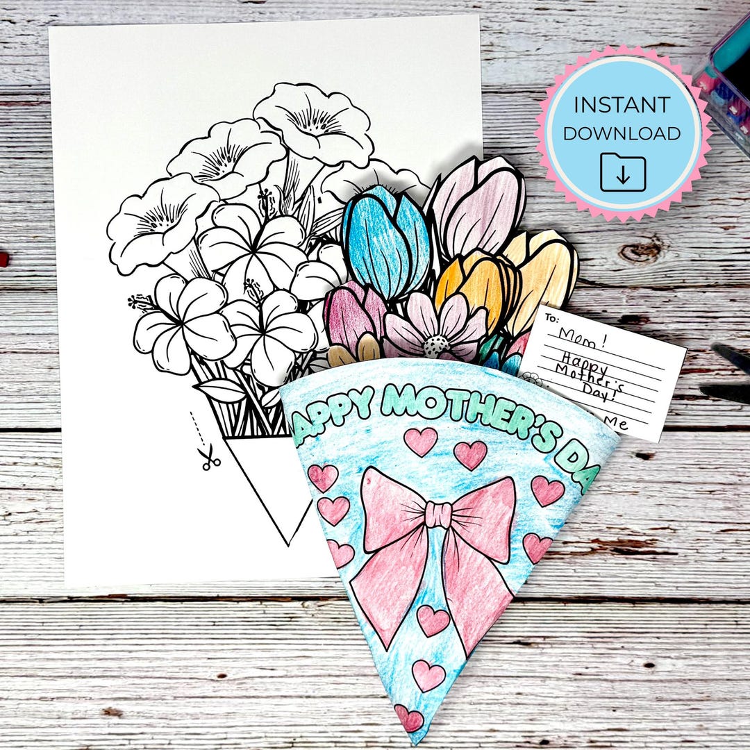 Printable Bouquet Craft Bundle for Mom, Kids Flower Coloring Cards Set ...