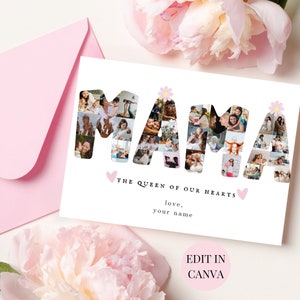 Aangepaste Mama fotocollage sjabloon, gepersonaliseerde verjaardagskaart, moeder fotolijst aandenken, print thuis kaart, Canva bewerken, afdrukbaar DIY cadeau