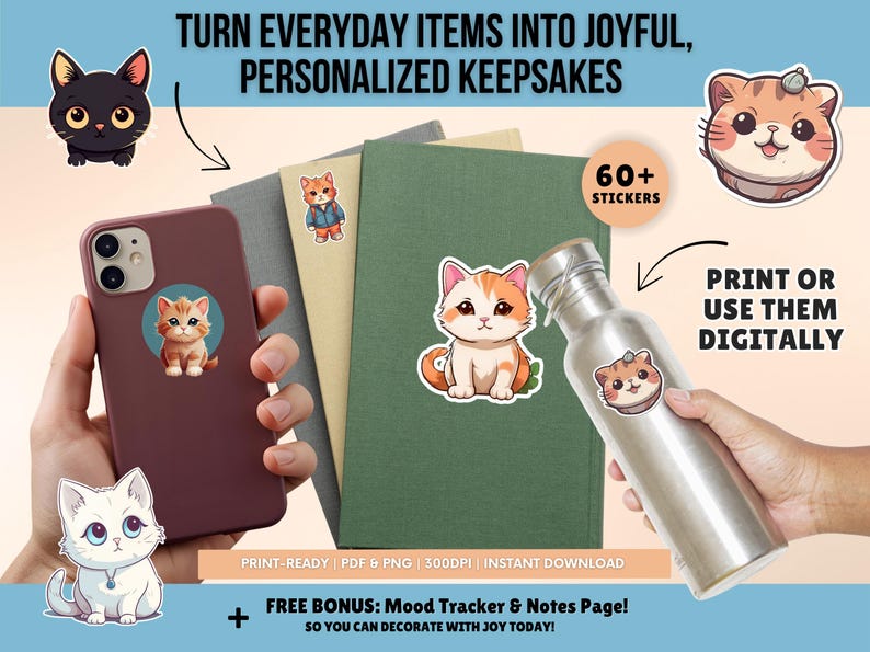 Cute Cat Digital Stickers Bundle - Kawaii Cat Printable Stickers, Kitty ...