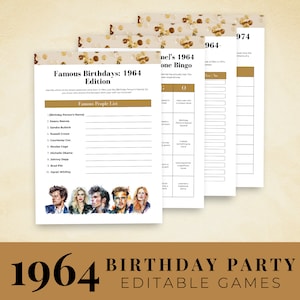 60th Birthday Party Editable Games, 60th Birthday Party Games, Born in 1964, 1964 Him Her Trivia Quiz, 1964 Bingo Game 1964 Games for Adults