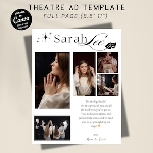 Modèle de publicité pour un programme de théâtre pour étudiants en art dramatique, affiche pleine page en hommage, publicité pour un programme de théâtre scolaire modifiable