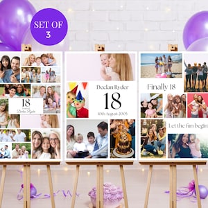 May include: Three 18th birthday photo collage posters with a set of three wooden easels. The posters feature a collage of photos with the text "18 years of Declan Ryder", "Declan Ryder 18 10th August 2005", and "Finally 18 Let the fun begin!"