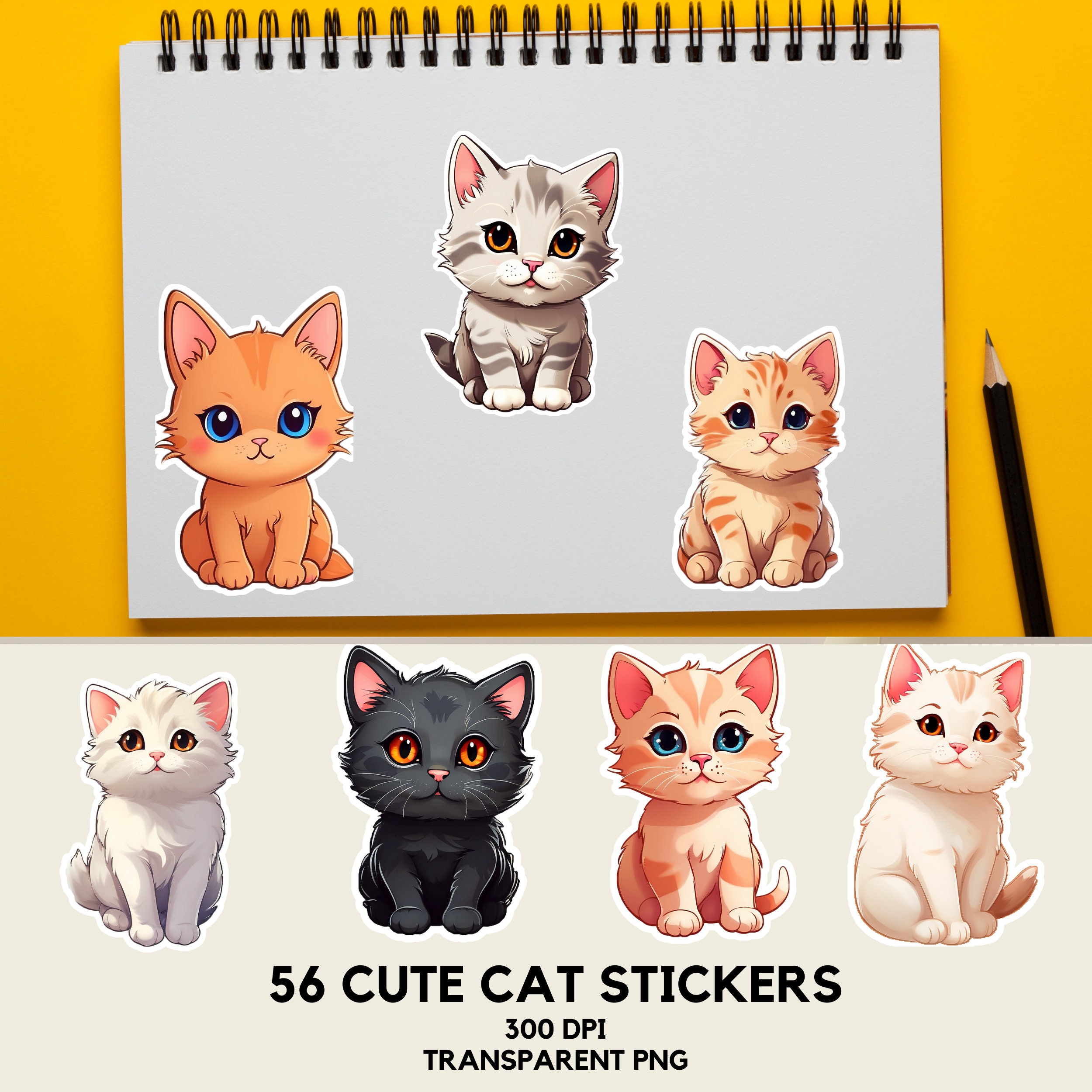 Cute Cat Clipart Digital Stickers Png Bundle, 56 Kawaai Cat Printable ...