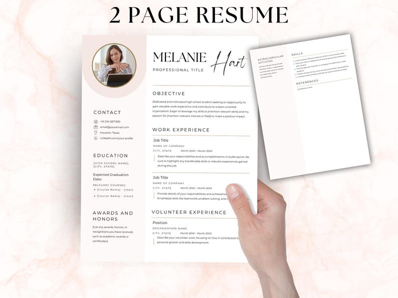 May include: A two-page resume template featuring a clean white layout with soft pink accents. The document includes sections for contact information, education, objective, work experience, volunteer experience, skills, and references.