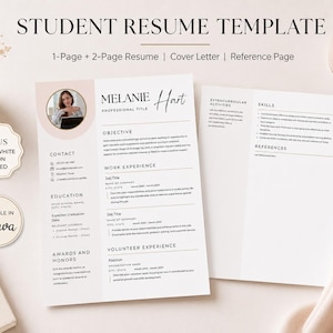 May include: A student resume template featuring a two-page layout with a professional headshot placeholder, contact details, objective, work experience, education, skills, and references sections. The document includes text labels and is editable in Canva.