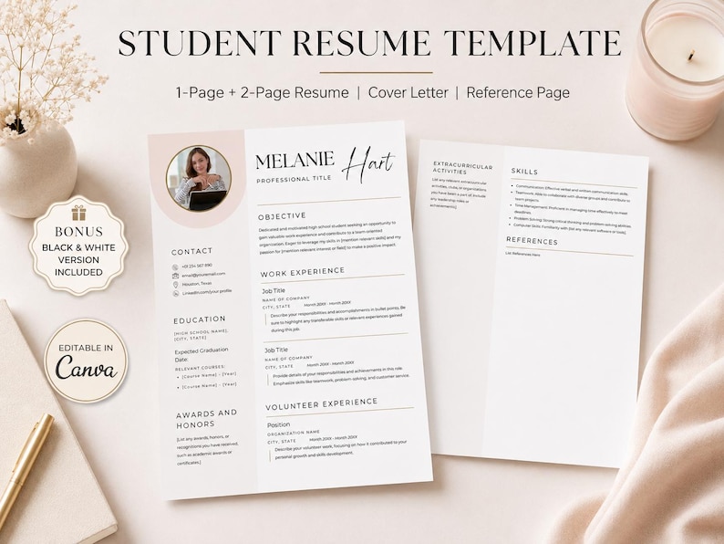 May include: A student resume template featuring a two-page layout with a professional headshot placeholder, contact details, objective, work experience, education, skills, and references sections. The document includes text labels and is editable in Canva.