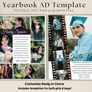 Modèle de publicité pour l'annuaire du lycée, publicité pour l'hommage à l'obtention du diplôme senior, demi-page quart de page, publicité pour l'annuaire senior, carte photo faire-part de fin d'études