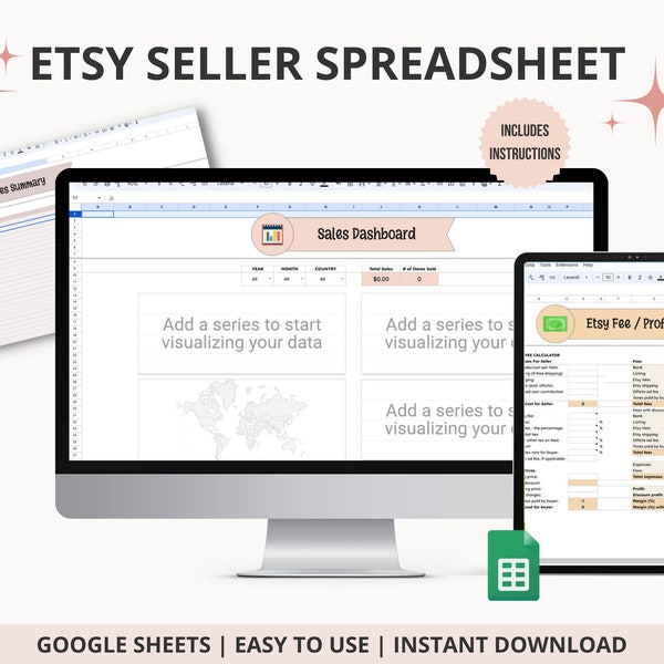Etsy Seller Sales Spreadsheet, Small Business Financial Bookkeeping Tax Record, Expenses Sales Fee Profit Calculator Google Sheets Etsy Tool
