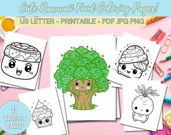 Kawaii Food Coloring Pages for kids teens adults, Birthday Party Activity, Cute Printable Coloring Book, Digital Download Kawaii 21 Pages