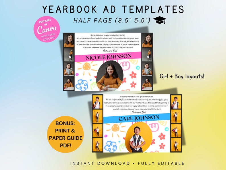 Elementary Yearbook Ad Half Page Template, Editable School Memory ...