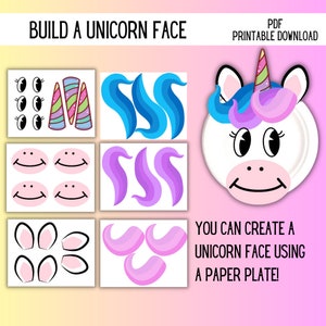 Build a Unicorn Face Craft, Unicorn Coloring Kids Craft, Unicorn Activity for Kids, Unicorn Birthday Party Printable, Build a Unicorn Face
