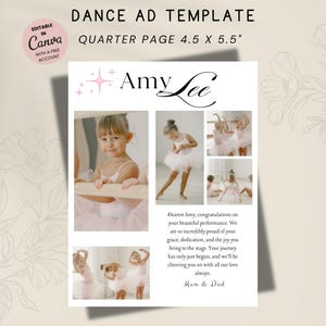 Advertentie kwartpagina dansoverweging, advertentietribute dansprogramma, eerbetoonpagina jaarboek dans, advertentie balletrecital, fotocollage, sjabloon dans Canva