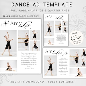 May include: Dance ad template with the name "Amy Lee" in elegant script. The design includes ballet dancer photos in various poses, with text that reads "Dearest Amy, congratulations on your beautiful performance." The template is fully editable.