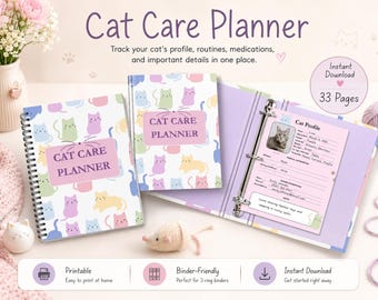 パステルカラーの猫ケアプランナー、印刷可能な猫用バインダー、ペットの健康記録（33ページ）