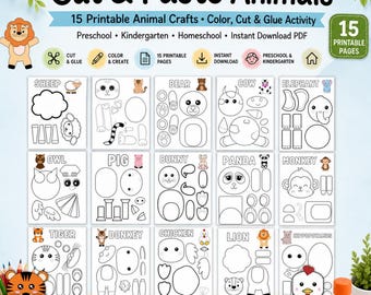 Printable Animal Cut & Paste Activities, Preschool Scissor Skills, Fine Motor Worksheet Pack