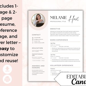 May include: A resume template featuring a white and soft pink layout with a circular photo placeholder, sections for contact, education, work experience, and awards. The text includes headers like Melanie Hart, Objective, and Work Experience in black font.