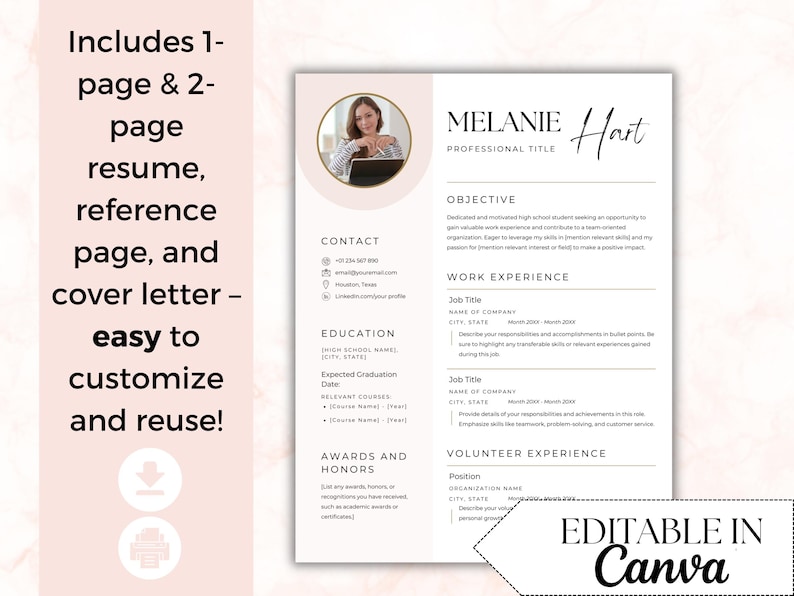 May include: A resume template featuring a white and soft pink layout with a circular photo placeholder, sections for contact, education, work experience, and awards. The text includes headers like Melanie Hart, Objective, and Work Experience in black font.