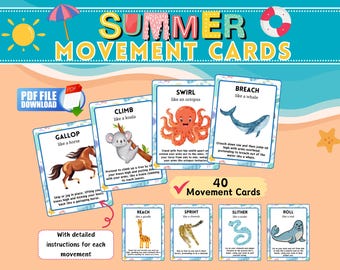 Summer Movement Cards, Animal Movement Cards, Toddler Flashcards, Printable Kids Activities, Summer Learning Activities Preschool Activities