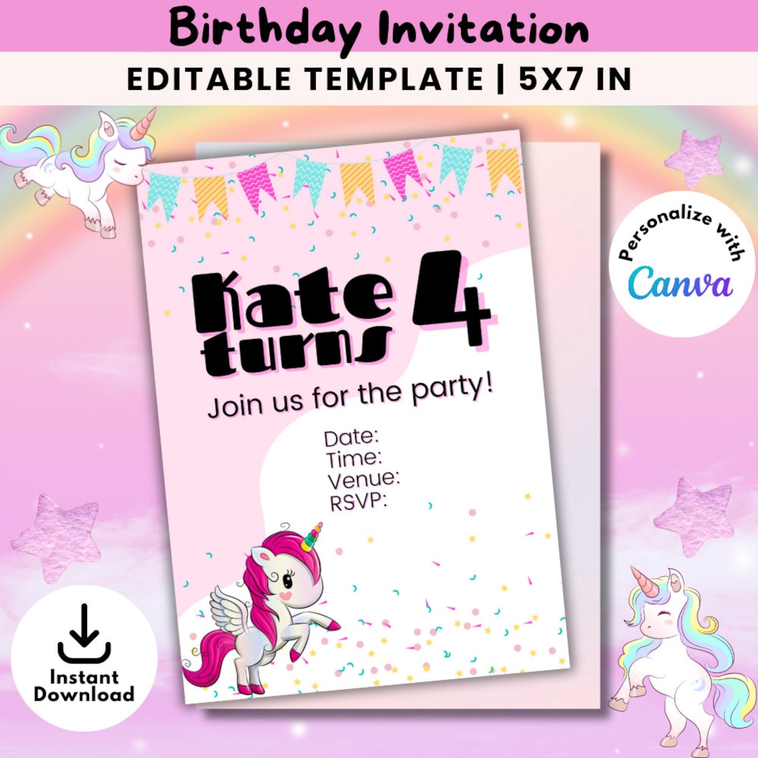 Unicorn Birthday Party Invitation Editable Rainbow Unicorn Party Invite