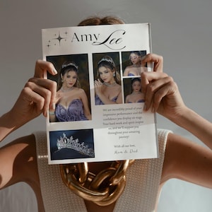 Puede incluir: Una tarjeta blanca con el texto "Amy Lee" en letra cursiva negra. La tarjeta tiene un collage de fotos de una joven que lleva una corona y un vestido morado. El texto de la tarjeta dice: "Estamos increíblemente orgullosos de tu impresionante actuación y la confianza que muestras en el escenario. Tu trabajo duro y tu espíritu nos inspiran, y te apoyaremos en todo tu increíble viaje! Con todo nuestro amor, Mamá y Papá."