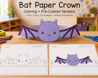 Bat Paper Crown Template, Printable Halloween Hat for Kids, Coloring Craft