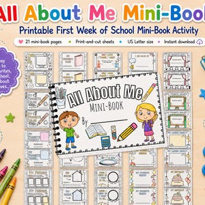 All About Me Mini Booklet, Printable Back to School Mini Book, Back to School Activity, Get to Know You Booklet Kids Preschool Coloring Book