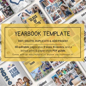 May include: A yearbook template with multiple open yearbook layouts featuring student photos. The central image displays the text "YEARBOOK TEMPLATE" with options to edit, delete, duplicate, and add pages. Includes 36 editable pages, 3 sizes, 6 covers, and a PDF guide.