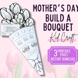 Mother's Day Build a Bouquet Kid Craft, Mother's Day Printable Craft, Mother's Day Kid Activity, Mother's Day Coloring Craft, Gift for Mom