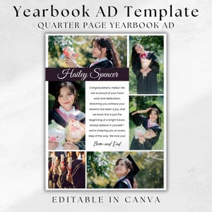 Bewerkbare kwartaalpagina jaarboekadvertentielay-out, jaarboekadvertentie middelbare school, afstudeerhulde bewerkbare advertentie Grad aankondiging fotocollage DIY
