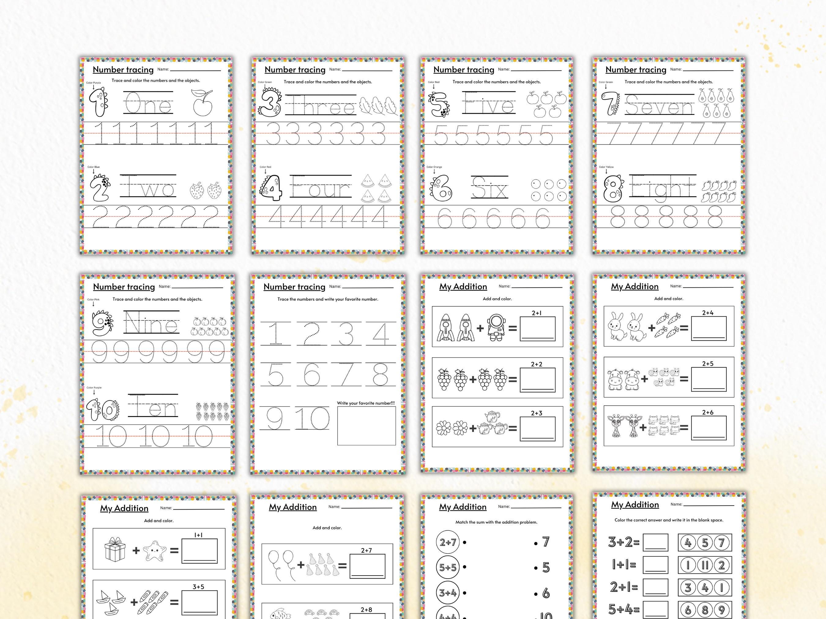 Number Tracing Worksheets 1-10, Adding & Subtracting (PDF) - Etsy